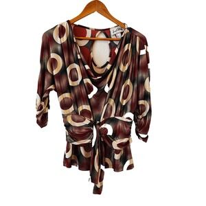 Joseph Ribkoff Tie Front Cowl Neck Top Womens Size 10 Geo Circle Maximalist Edgy